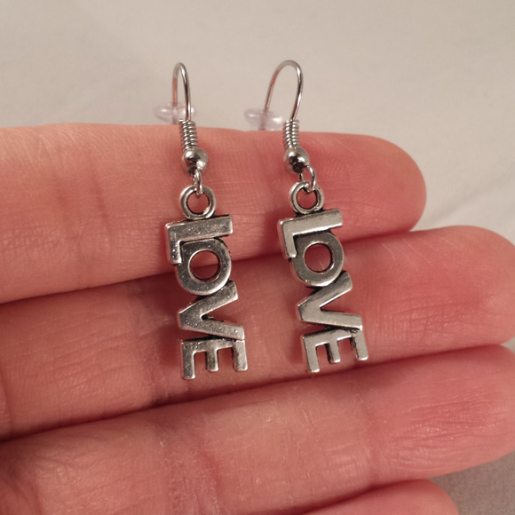 Silver Love Dangle Earrings Hypoallergenic Hooks - Picture 1 of 2